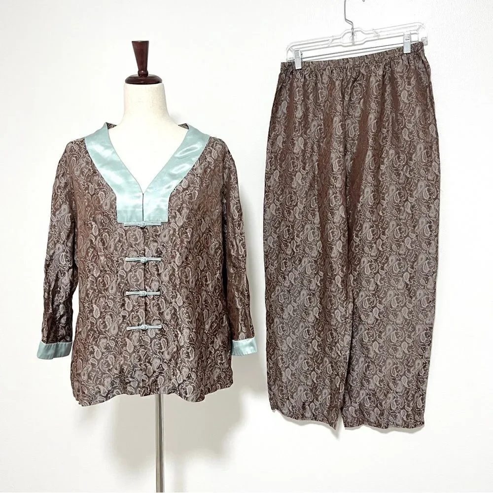 Vintage Chandler Ladies 2 Piece Pajama Set XL L Paisley Damask Cocoa Brown Aqua